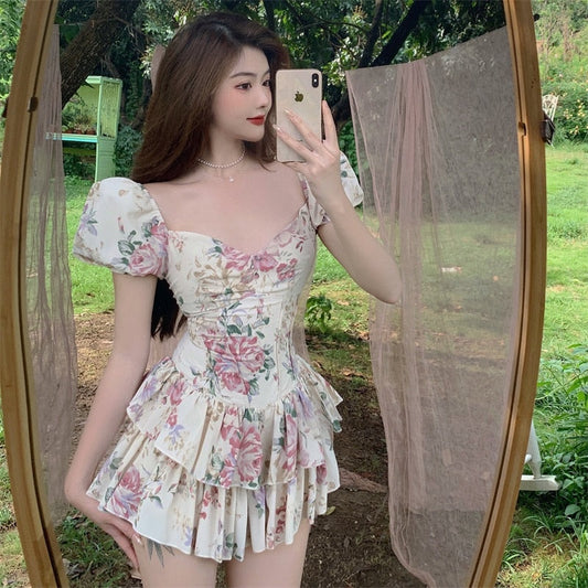 liwuka  Summer French Romantic Floral Mini Romper Square Collar Flowers Printed Chiffon Tiered Playsuit Cute Kawaii Feminine Romper  Fairy Dress