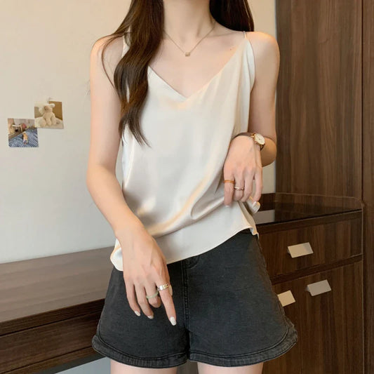 liwuka Oversize Tank Top Women Summer New Basics Solid Vest Inner Wear Korean SATIN V-neck Pullover Camis Femal