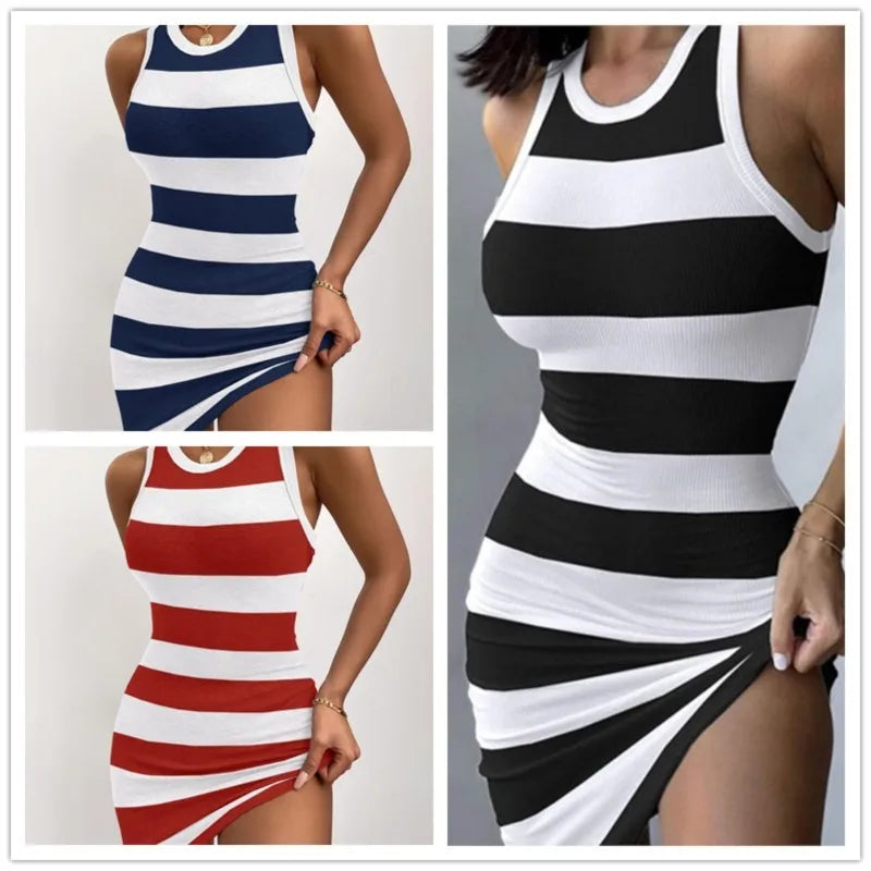 liwuka Summer Women Sundress Casual Women O-Neck Sleeveless Striped Print Boydcon Dress Slim A-Line Mini Stretch Vestidos