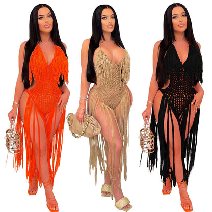 liwuka Knit Rib Tassel Bodysuit Rompers Sexy Fishnet Halter Lace Up V Neck See Through Jumpsuit Women Summer Beach Wear One Piece Dress