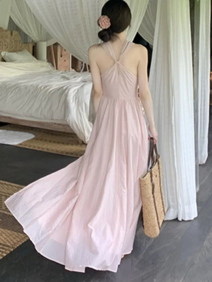 liwuka Sexy Halter Pink Long Dresses for Women New Summer Holiday Beach Dress Split Sleeveless Korean Fashion Prom Robe Vestidos Mujer