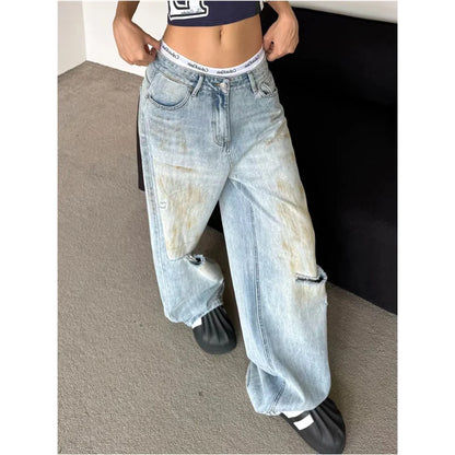 liwuka High Waist Ripped Women's Blue Jeans Hip-hop Style Fashion Vintage Streetwear Y2K Wide Leg Jean 2024 Trouser Baggy Denim Pants