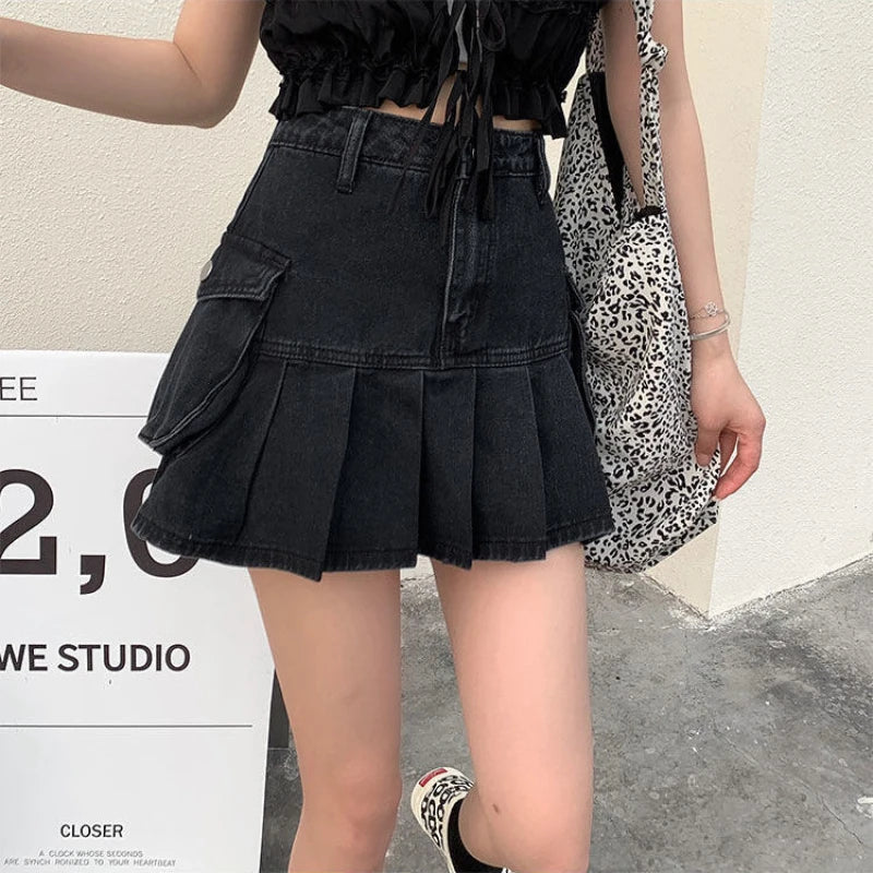 liwuka Vintage Pleated Denim Skirt Women Black Sexy Y2K Mini Skirts Retro Gothic Casual Patchwork Streetwear A-line Jean Skirt