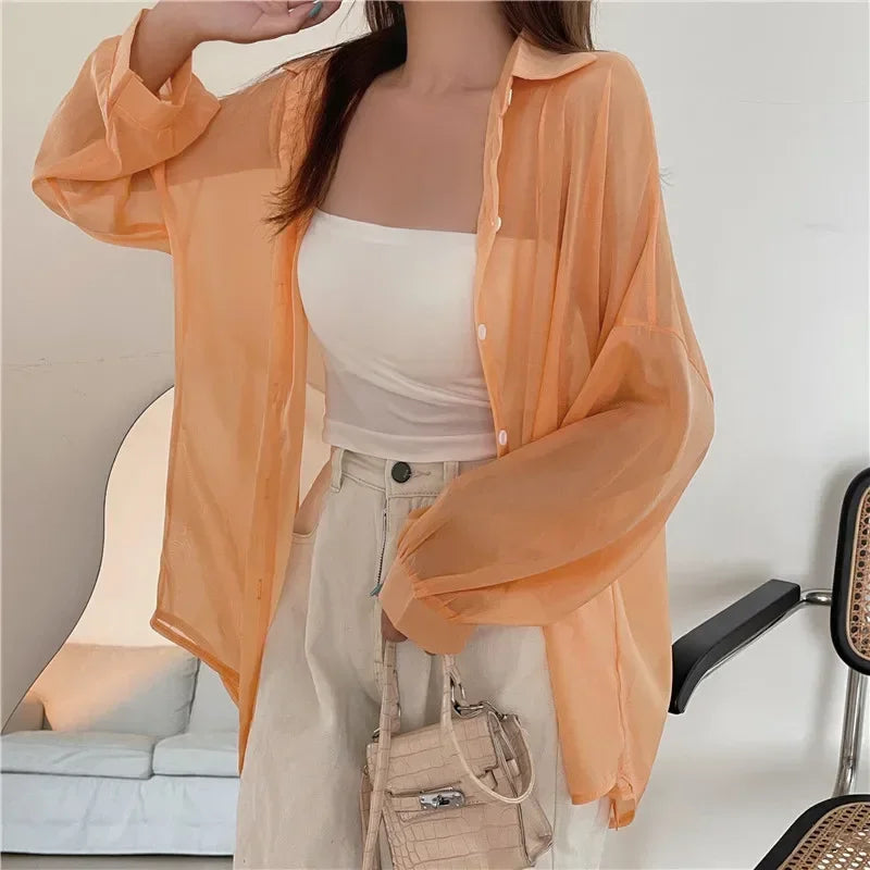 liwuka Fashion Women Holiday Beach Shirts See Through Chiffon Blouse New Summer Tops Sun Protection Clothes Long Sleeve Blusas