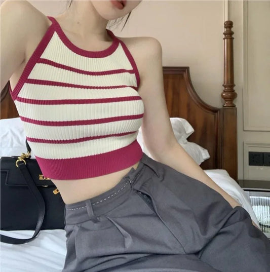 liwuka Short Pure Desire Spicy Girl Sweater Vest for Women's Summer Waist Tightening Stripe Casual Style Knitted Top Female Clothing