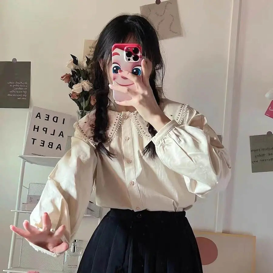 liwuka Peter Pan Collar Shirts Women Cute Korean Style Vintage Students Pure Girls Harajuku Female Fashion Chic Tops New Arrival Autumn