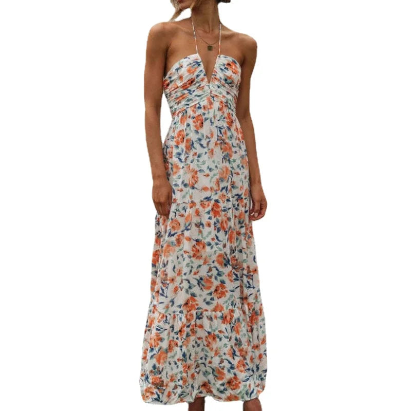 liwuka DRESS TO IMPRESS Women's Summer Chiffon Halter V Neck Sleeveless Floral Flowy A Line Maxi Dress Boho Backless Tiered Swing Long Beach Dresses