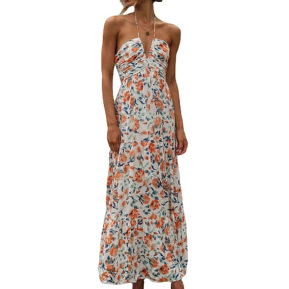 liwuka DRESS TO IMPRESS Women's Summer Chiffon Halter V Neck Sleeveless Floral Flowy A Line Maxi Dress Boho Backless Tiered Swing Long Beach Dresses