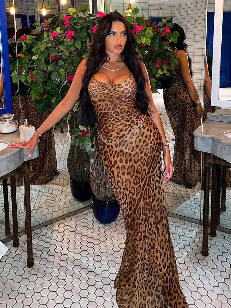 liwuka Leopard Print V-Neck Sexy Bodycon Long Dress Women Lace Up Backless Summer Dresses Female Straps Party Beach Vestidos