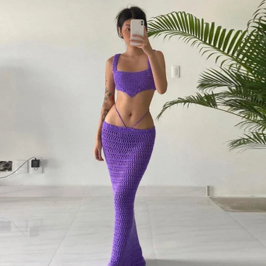 liwuka Knit Beach Dress Set for Women Sexy See Through Slim Crop Top and Long Skirt Suit Summer Purple Holiday Two Piece Set 2024