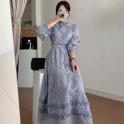 liwuka Retro Court Style Round Neck Lace Dress Hook Flower Design Loose Puffed Sleeves MIDI Skirt Elegant Swing Dress With Belt