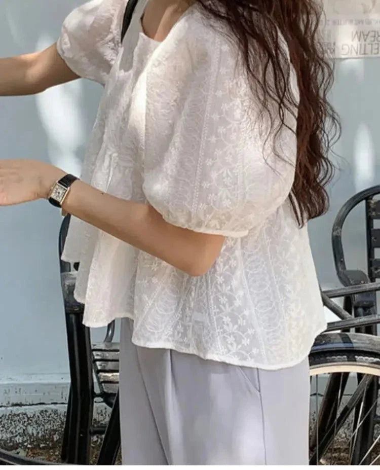 liwuka New Arrival Summer Korean Fashion Clothing Casual Women Tops Square Collar Embroidery Cotton White Elegant Peplum Blouses