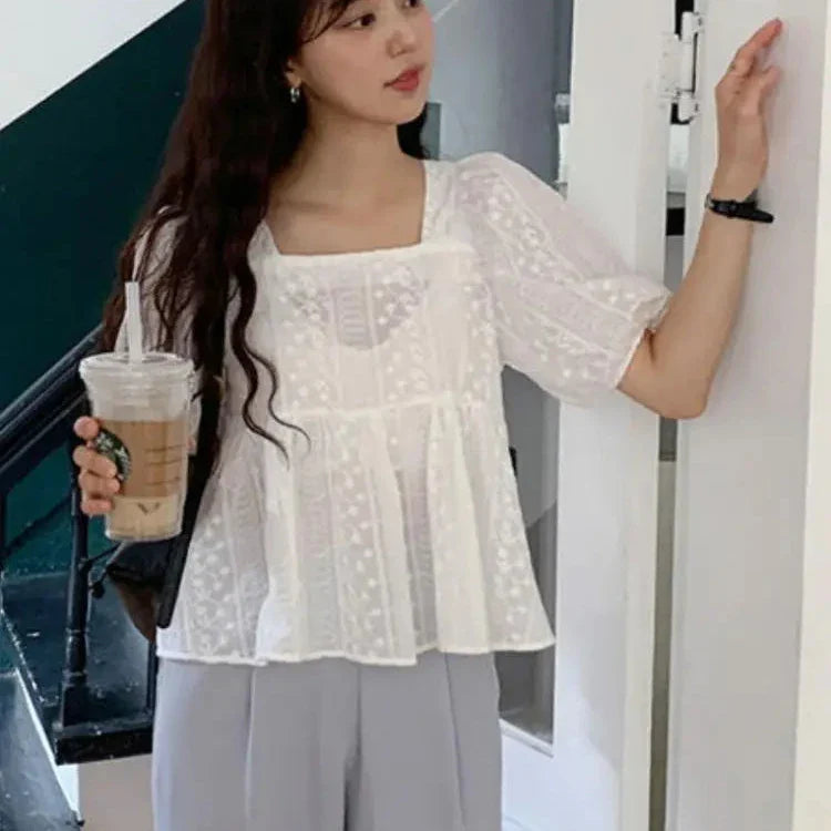 liwuka New Arrival Summer Korean Fashion Clothing Casual Women Tops Square Collar Embroidery Cotton White Elegant Peplum Blouses