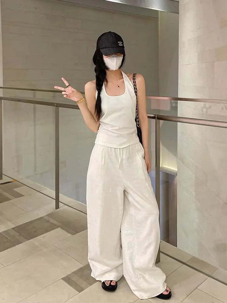 liwuka Wide Leg White Linen Pants Woman Casual Basic Summer 2024 Oversize Female Straight Trousers Baggy Elastic Waist Pants