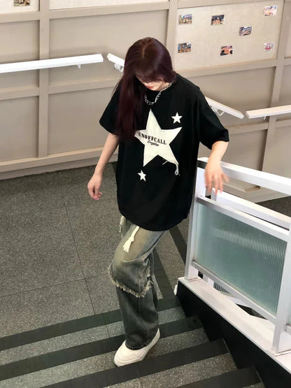 liwuka Star Pattern Oversized T Shirt Women Black Streetwear Short Sleeve Female Tees Hip Hop Harajuku Summer O-Neck Girl Tops