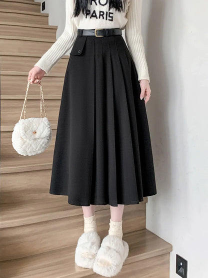 liwuka Women's A-line Black Pleated Skirt Vintage 90s Aesthetic Y2k Grey Long Skirt Harajuku Korean Skirts 2000s Clothes 2024