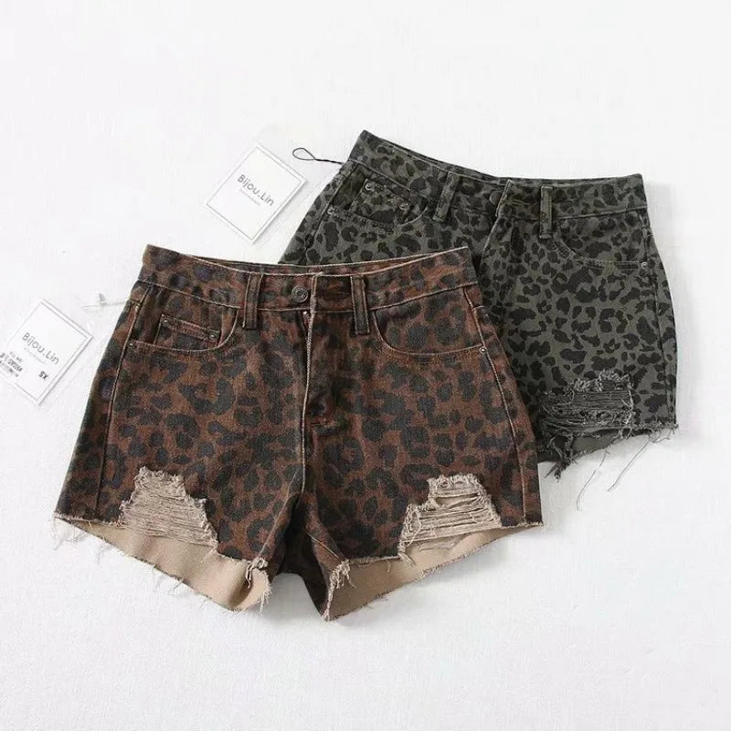 liwuka Sexy Leopard Print Ripped Jeans for Women Fashion Street High Waisted Wide Leg Shorts American Retro Hot Girl Y2k Loose Shorts