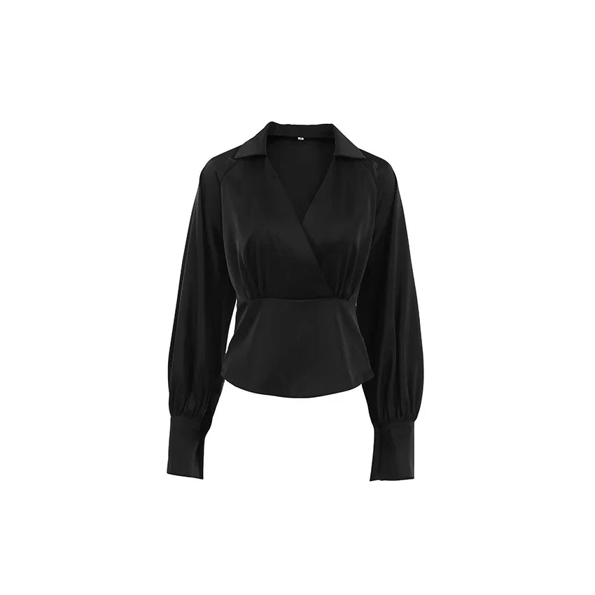 liwuka Elegant Black Satin V Neck Blouse Women Street Solid Lantern Sleeve Woman Blouses Fashion Casual Pullover Tops Female 2024