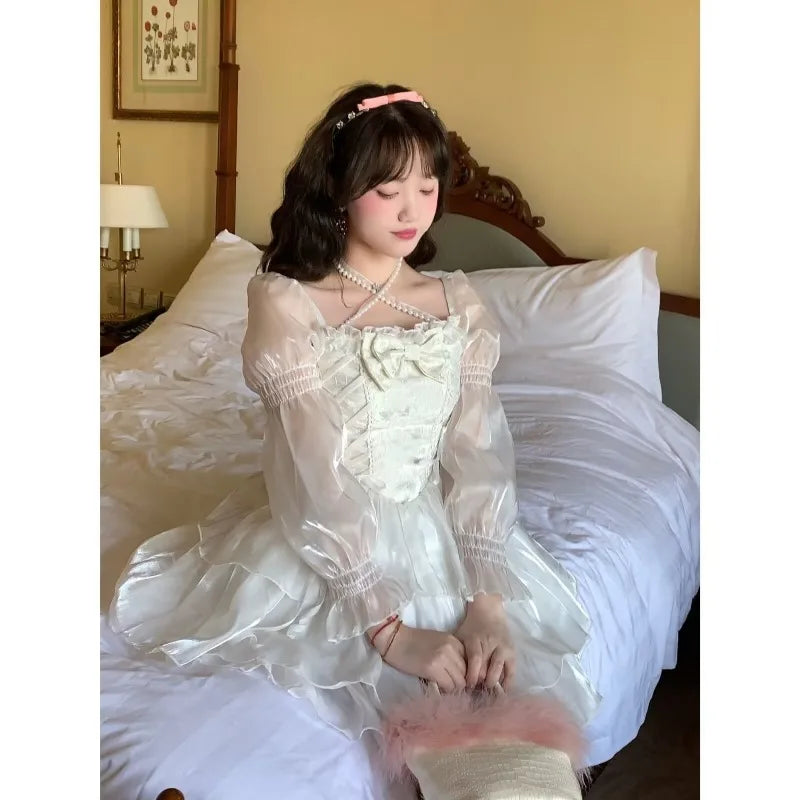 liwuka Japanese Lolita Gentle Sweet Bow Square Neck Women Dress White Mesh Princess Dress Spring/Summer New Puff Sleeve Vestidos