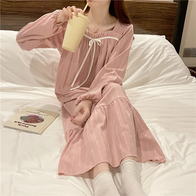 liwuka Long-Sleeved Nightgown Female Spring And Autumn Summer Students Princess Wind Big Size Dress Nightgown Pajamas Homewear