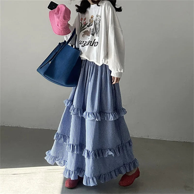 liwuka 2024 New Arrival Summer Women All-matched Casual Loose Fit Ruffles Patchwork A-line Elastic Waist Ankle-length Skirt V951