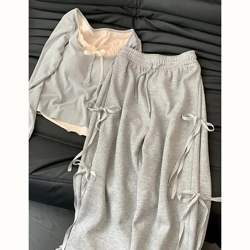 liwuka Summer Korean Style Wear Gray Casual Top Female 2024 New Bow Design Super Sweet High Waist Slim Wide Leg Pants Two-piece Suit