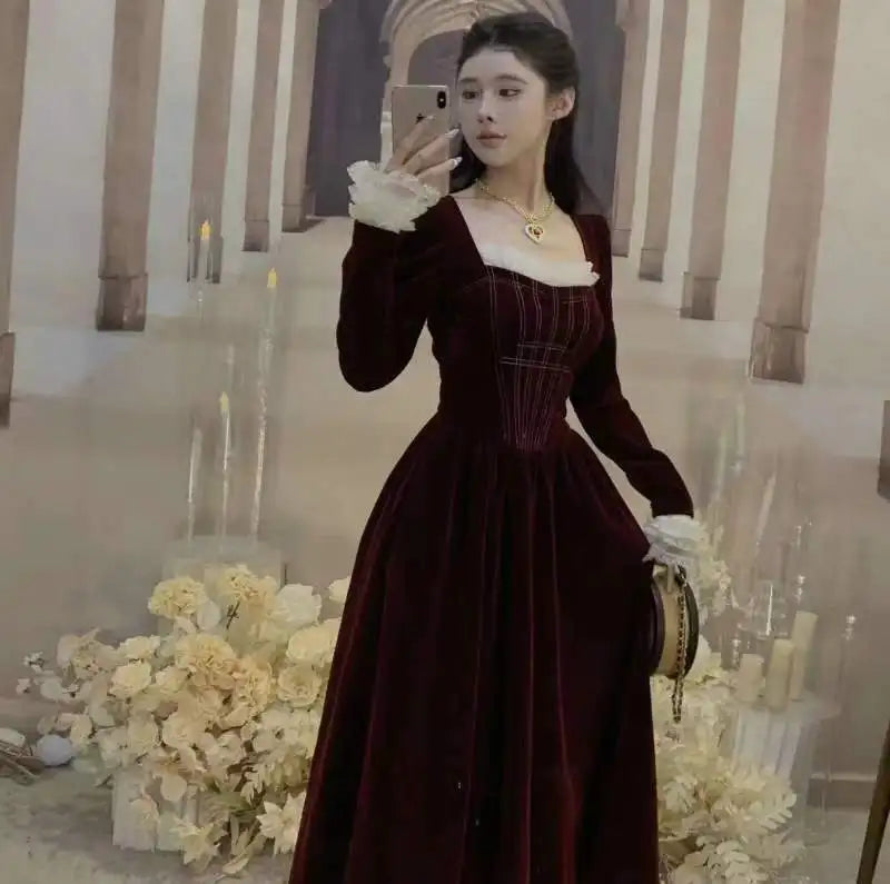 liwuka Autumn Solid Velvet Dress Women Lace Patchwork Ruffles Long Sleeve Square Collar Y2K Female Birthday Party Prom Robe Vestidos