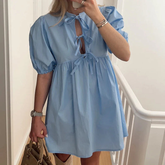 liwuka Female Solid Color Bubble Sleeve Mini Dress Sexy O-neck Hollow Out Lace-up Dress Summer Casual High Street Big Hem Loose Dresses