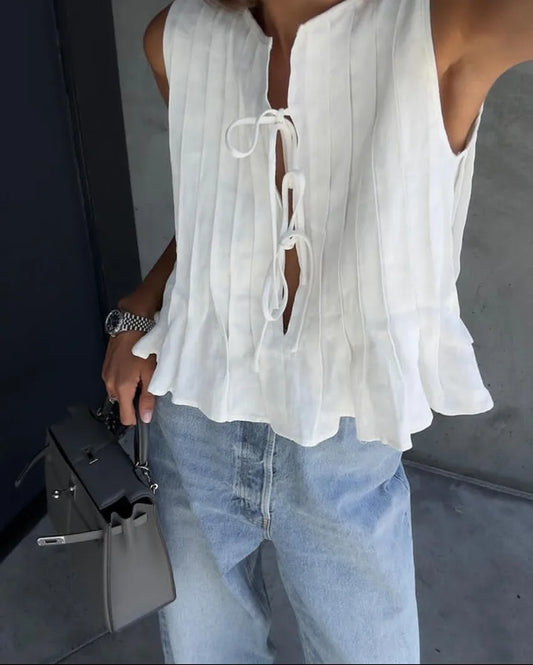 liwuka Fashion Bow Lace Up Shirts Women Cotton Linen Hollow Out Sleeveless Pleated Blouses Woman 2024 Summer New Casual Lady White Tops