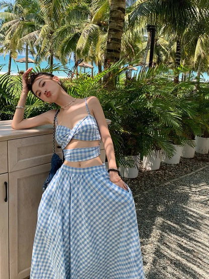 liwuka New Suspender Strapless Vacation Style Blue White Checkered Vest Women's Summer Skirt Two-piece Set Female Clothing