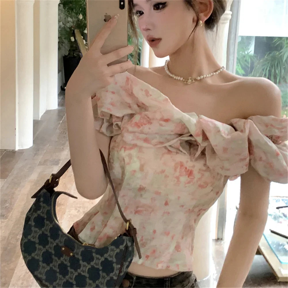 liwuka S-M Women Slash Neck Florals Blouses Summer Off Shoulders Short Sleeve Sweet Party Ruffles Slim New Daily Mujer