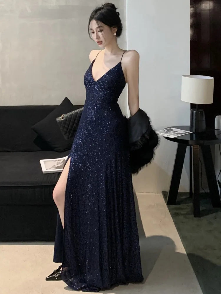 liwuka Sexy Backless Evening Party Dresses for Women V-Neck Split Slim Spring Summer Luxury Maxi Dress Prom Robe Birthday Vestidos New