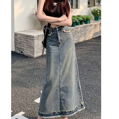 liwuka Summer New High Waist Vintage Ragged Edge Denim Skirt Women's Button Zipper Pockets A-line Slim Fashion Mid Length Denim Skirt