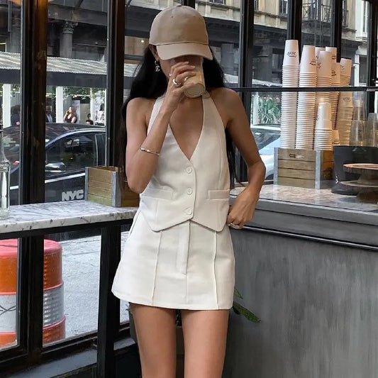 liwuka American Fashion Casual Top Women's Summer New Sexy V-neck Cardigan Hanging Neck Vest+High Waist Short Skirt Female Clothing