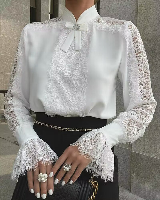 liwuka Spring Blouse Women Fashion Female Shirts Lace Patchwork Blouses Office Lady Sexy Long Sleeve Tops