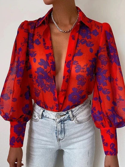 liwuka Women's Floral Print Puff Sleeve Shirt Female Elegant Casual V Neck Shirts Spring Summer Fashion Office Ladies Tops Blouses