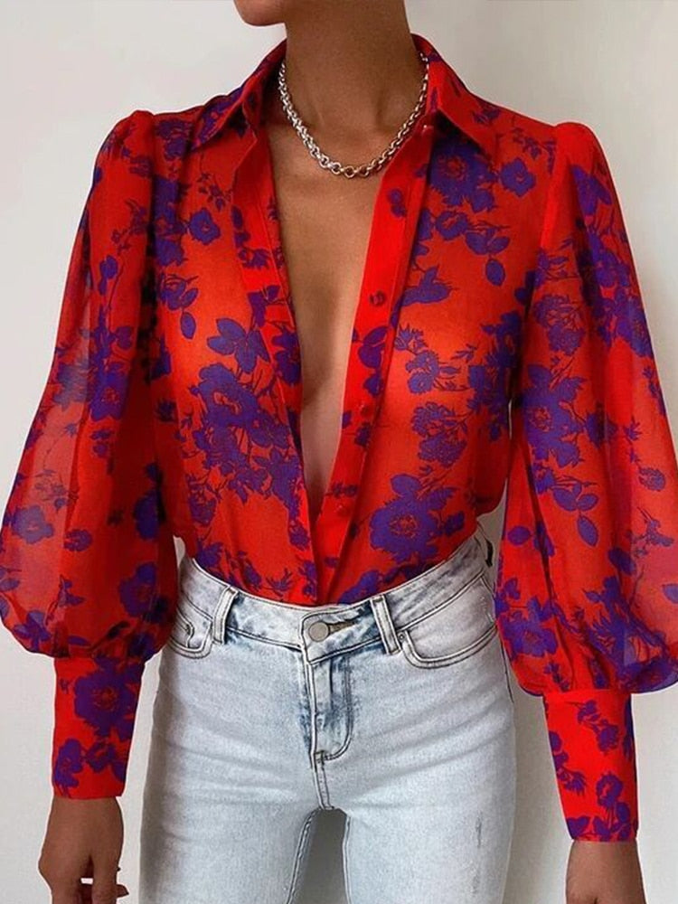 liwuka Women's Floral Print Puff Sleeve Shirt Female Elegant Casual V Neck Shirts Spring Summer Fashion Office Ladies Tops Blouses