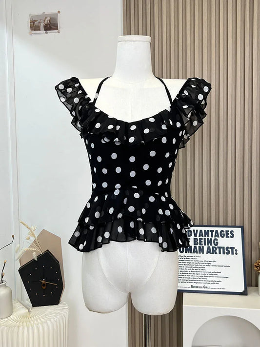 liwuka Summer 2024 New Design Women Polka Dot Butterfly Sleeve T-Shirts American Style Sexy Quality Halter Top Daily Cozy Gyaru Tees