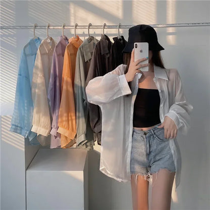 liwuka Fashion Women Holiday Beach Shirts See Through Chiffon Blouse New Summer Tops Sun Protection Clothes Long Sleeve Blusas