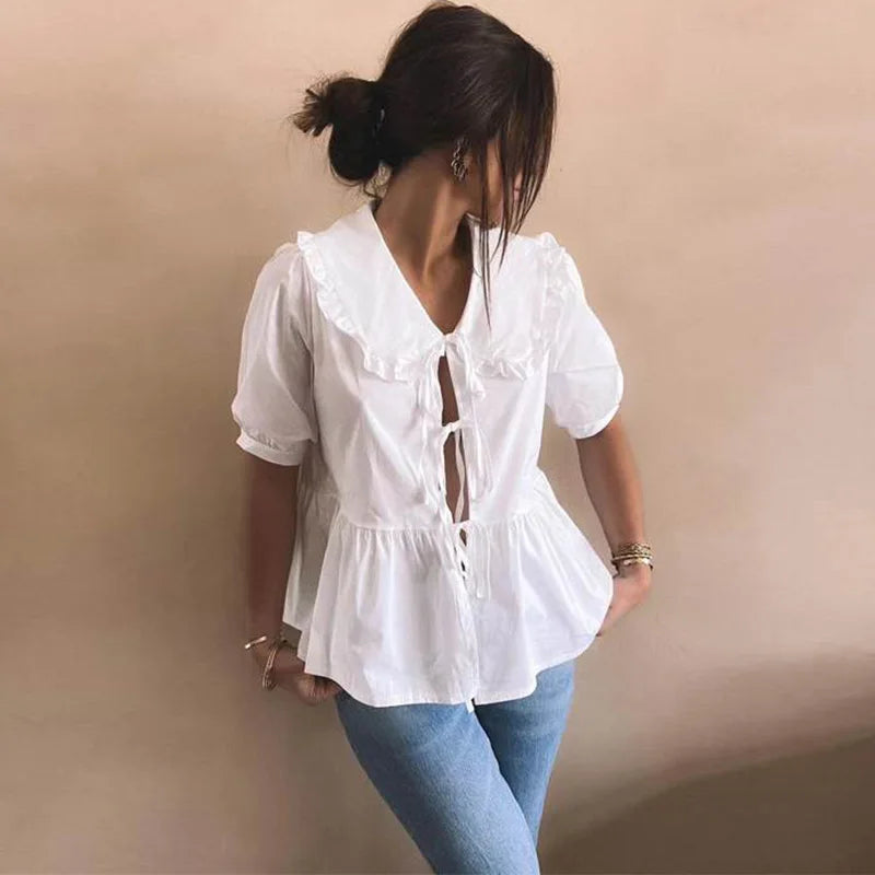 liwuka Sweet Doll Collar Shirts Women Loose Lantern Sleeve Waveselvedge Lace Up Blouses Female 2024 Spring Summer Lady Street Top