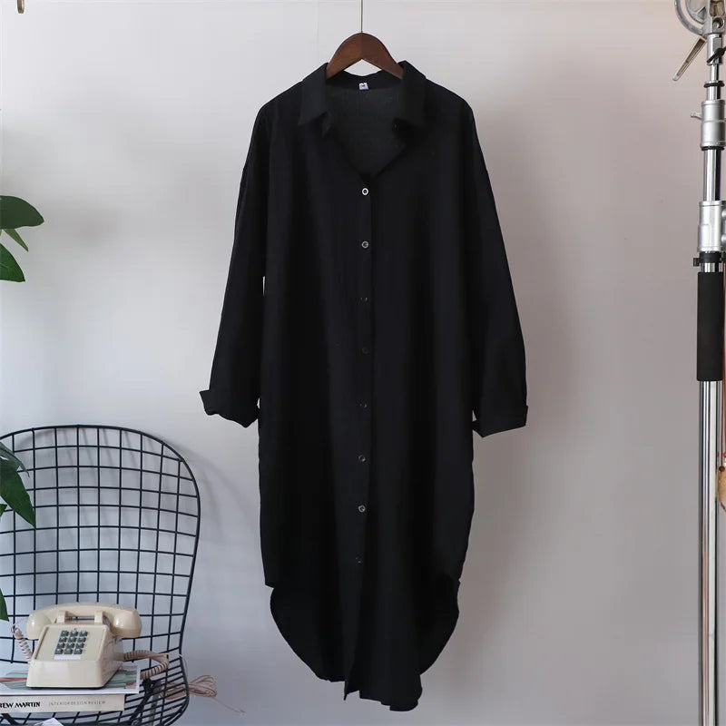 liwuka Long Dresses for Women Cotton Oversized Big Shirt Dress Long Sleeve Turn Down Collar Fashion Ladies Casual Loose Dress