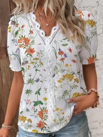 liwuka Casual V Neck Lace Hollow Out Shirt Blouse Office Lady Summer Elegant Floral Print Short Sleeve Shirts For Women White Tops