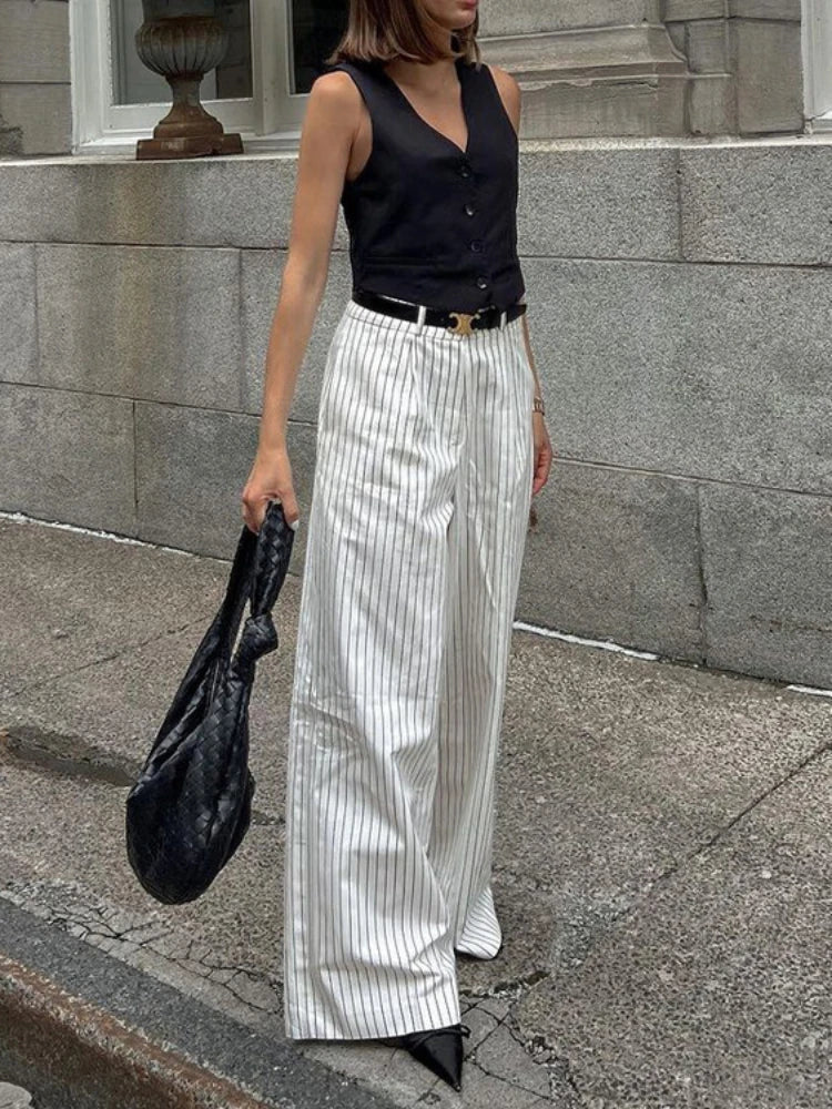 liwuka Women's Casual Black White stripe Wide Leg Pants 2024 New Fashion High Waist Zipper Loose Work Business Pants with Pockets