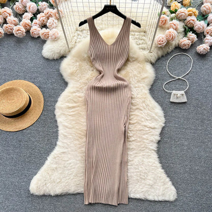 liwuka Women Dress Sexy V-neck Slim Elastic Ribbed Knitted One Piece Bodycon Dress Streetwear Lady Vestidos