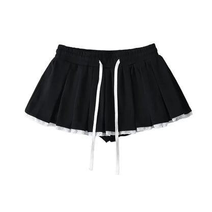 liwuka Summer Korean Fashion Black Mini Skirt Kawaii Y2k Clothes Lace Skirts for Woman High Waist Skirts with Lace Trim Drawstrings