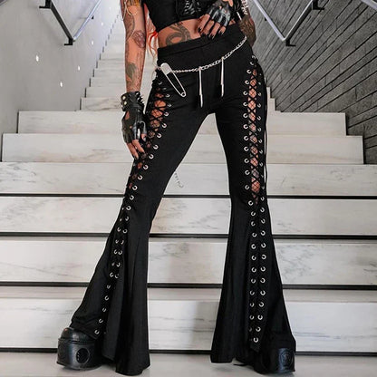 liwuka Goth Dark Grunge Streetwear Black Bandage Trousers Cyber Gothic Punk Hollow Out Flare Pants Women Emo High Waist Sexy Alt Bottom