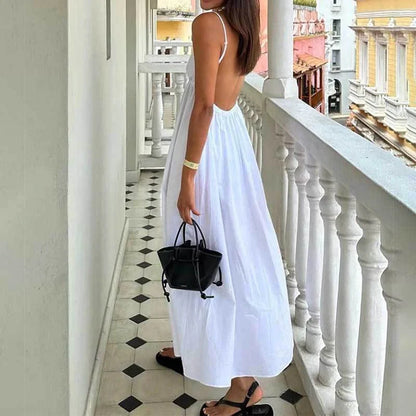 liwuka Elegant Causal Sleeveless A-Line Long Dress Summer Deep V Neck White Sling Dress Lady Simple Backless High Waist Hem Beach Dress