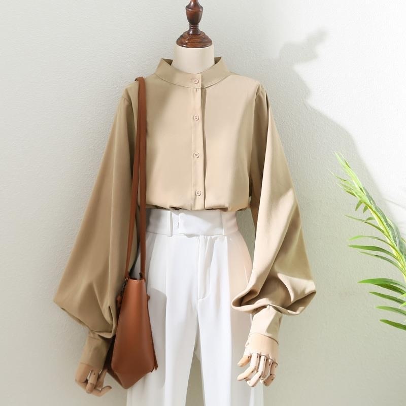 Woman Spring Autumn Style Blouses Shirt Lady Long Lantern Sleeve Stand Collar Loose Blusas Tops