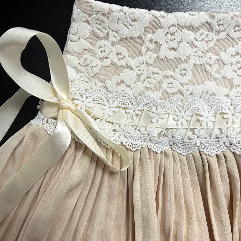 liwuka Pink Pleated Skirt Women Kawaii High Waist A-line Lace Patchwork Bow Lace Up Cute Fairycore Mini Skirt Spring Summer