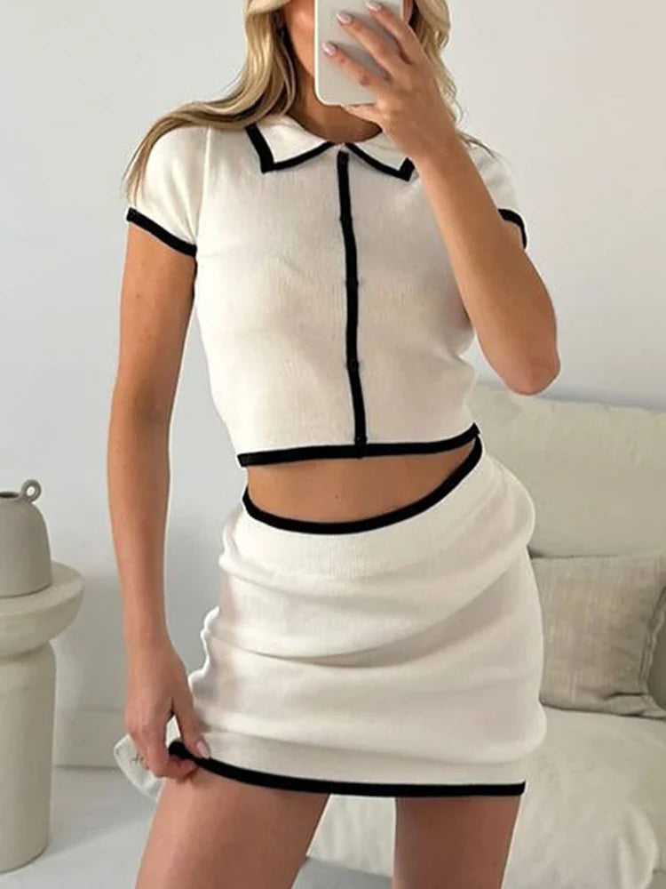 liwuka Knit 2 Piece-Set Women Lapel Cropped Short Sleeve Shirts And Mini Skirt Sets Female Slim Knitwear Short Skirt Summer